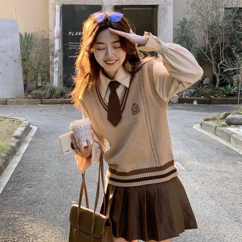 Áo ghi lê nữ Set Áo Sơ Mi + Áo Khoác Len Không Tay + Áo Sơ Mi + Chân Váy Xếp Ly Phong Cách Preppy Dành Cho Nữ
