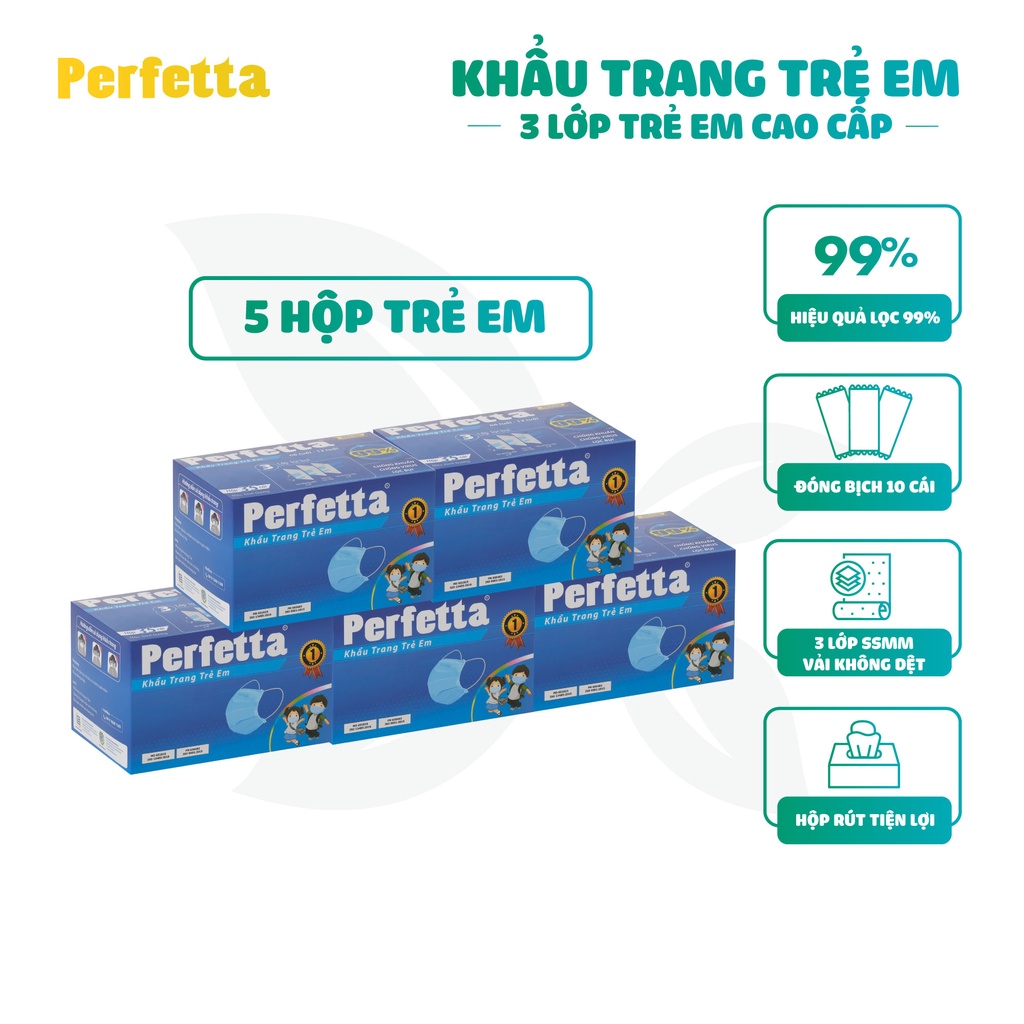 Combo 5 hộp khẩu trang 3 lớp Perfetta Trẻ Em Trắng/Xanh (35 Cái/Hộp)