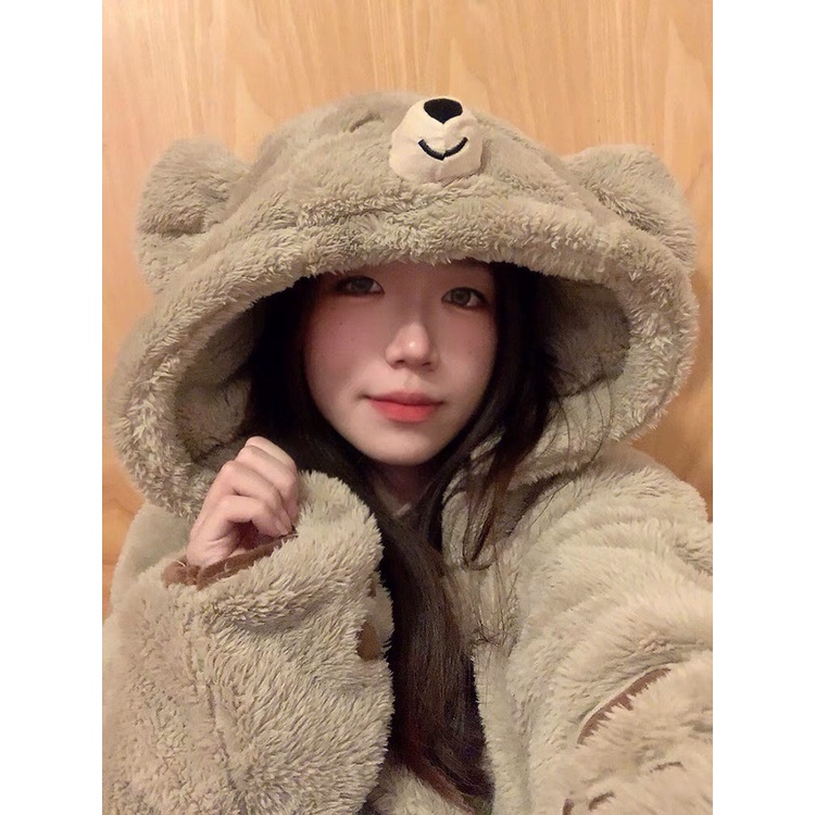 Khoác Lông Gấu Màu Be Chất Lông Dày Nam Nữ Unisex Dáng Rộng Form To