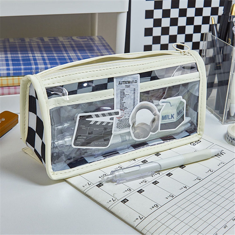 Túi Đựng Bút Họa Tiết Kẻ Ô Màu Trong Suốt Sức Chứa Lớn