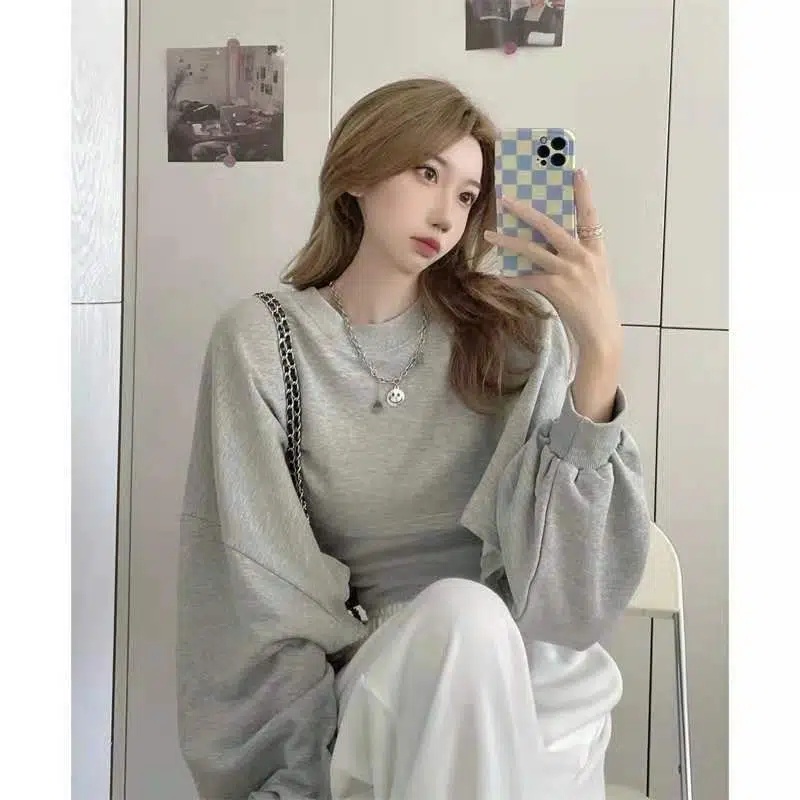 Áo Thun Tay Dài Dáng Rộng + Quần Ngắn Phong Cách Hàn Quốc Thời Trang Cho Nữ