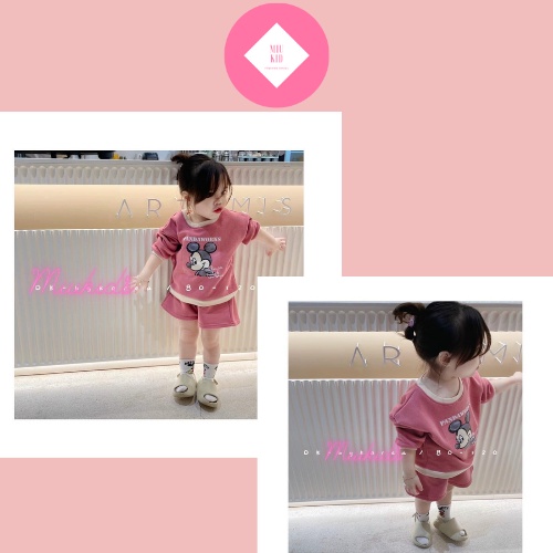 Bộ Đồ Thu Đông Bé Gái MIUKIDS, Set Bộ Dài Tay Quần Short Mickey Chất Nỉ Bông Da Cá Kute Cho Bé Gái
