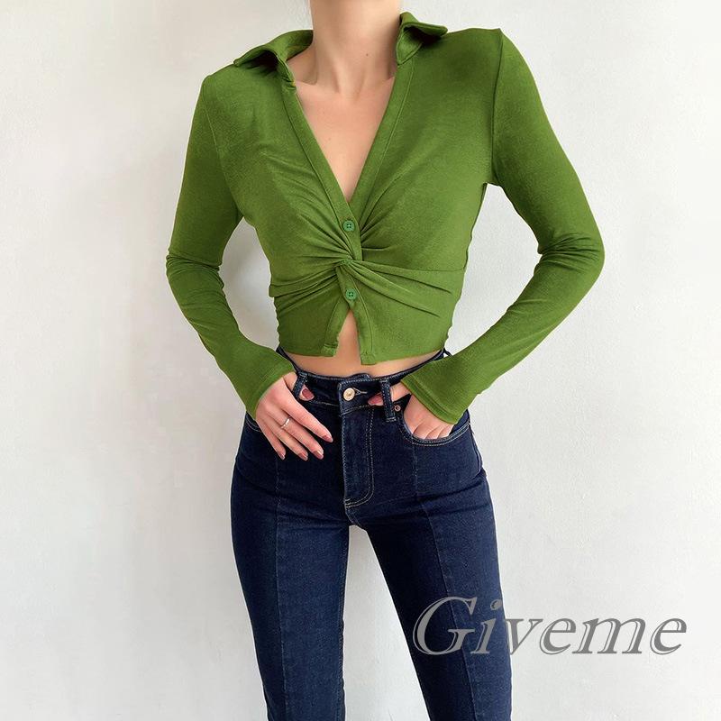 Áo Crop Top Dệt Kim Màu Trơn Cổ V Thắt Nút Xoắn Thời Trang Cho Nữ