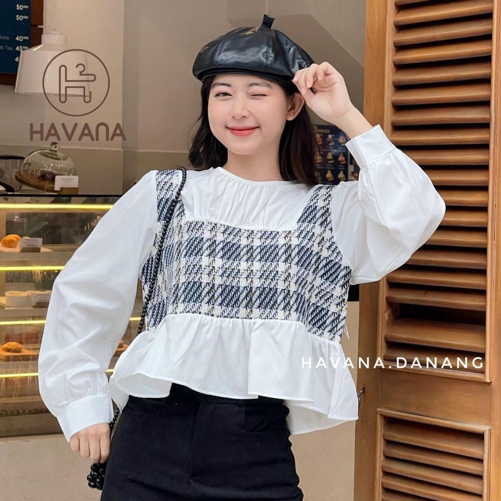 Áo babydoll dài tay phối họa tiết caro, áo kiểu nữ tay phồng form croprop
