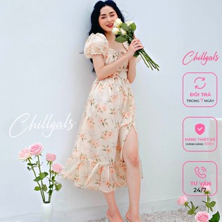 Váy nhún ngực Chillgals tay bồng dáng dài xẻ tà tiểu thư V-052
