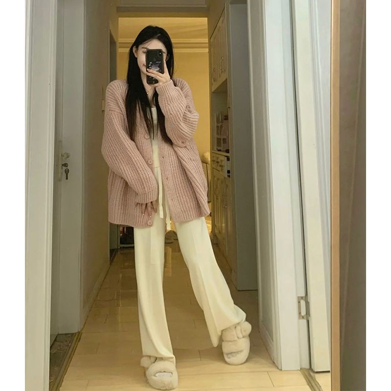 Jiashucheng Áo Khoác Cardigan Dệt Kim Dáng Rộng Mềm Mại Màu Hồng Sáp Phong Cách Preppy Ngọt Ngào Mùa Thu Đông Cho Nữ Sinh