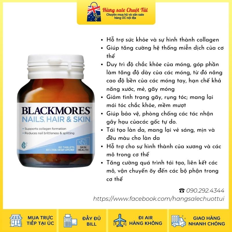 Viên uống dưỡng tóc, da, móng Blackmores Nails Hair & Skin 60 viên