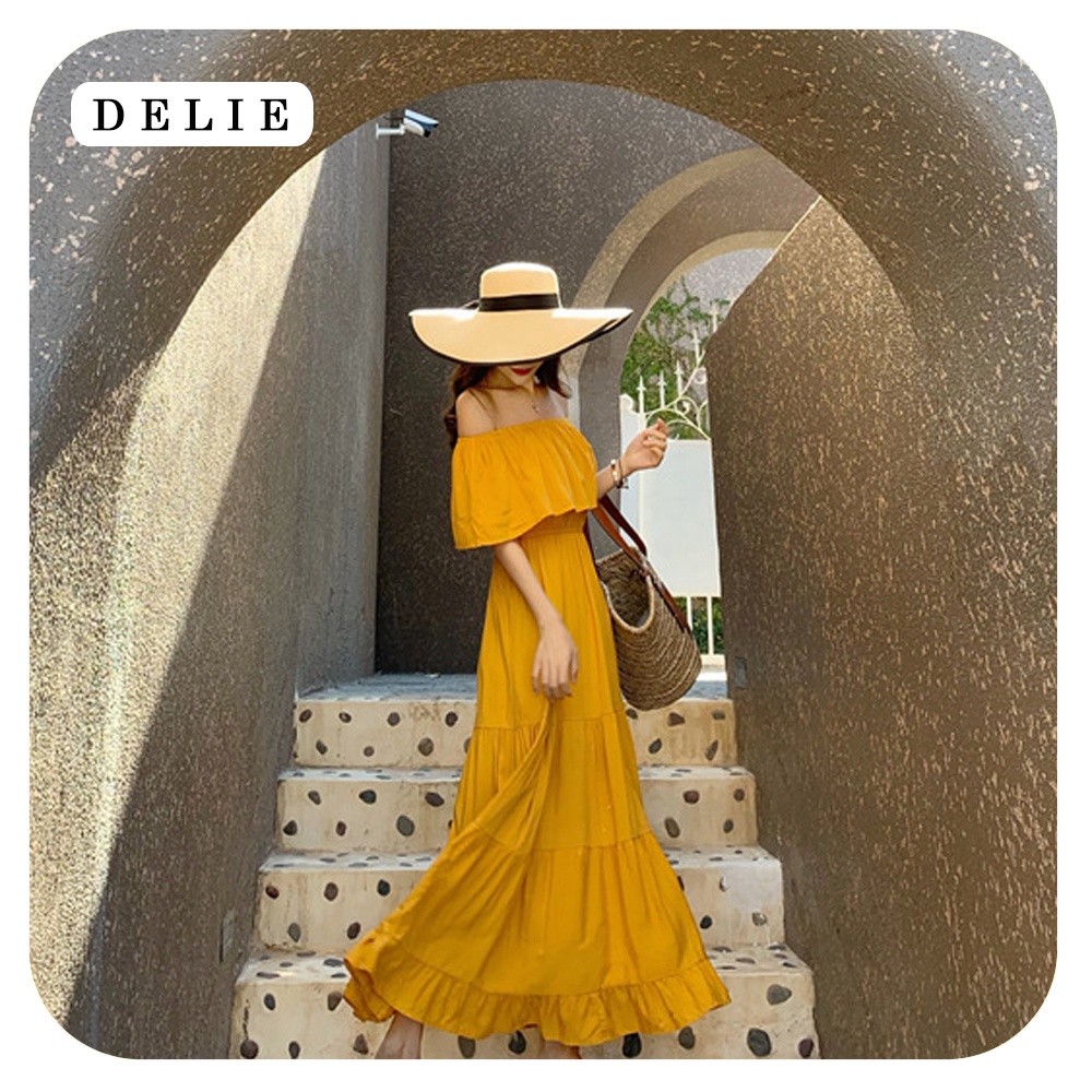 Đầm maxi vàng trễ vai DELIE váy đi biển kiểu pháp dáng dài mịn mát tôn dáng VK01