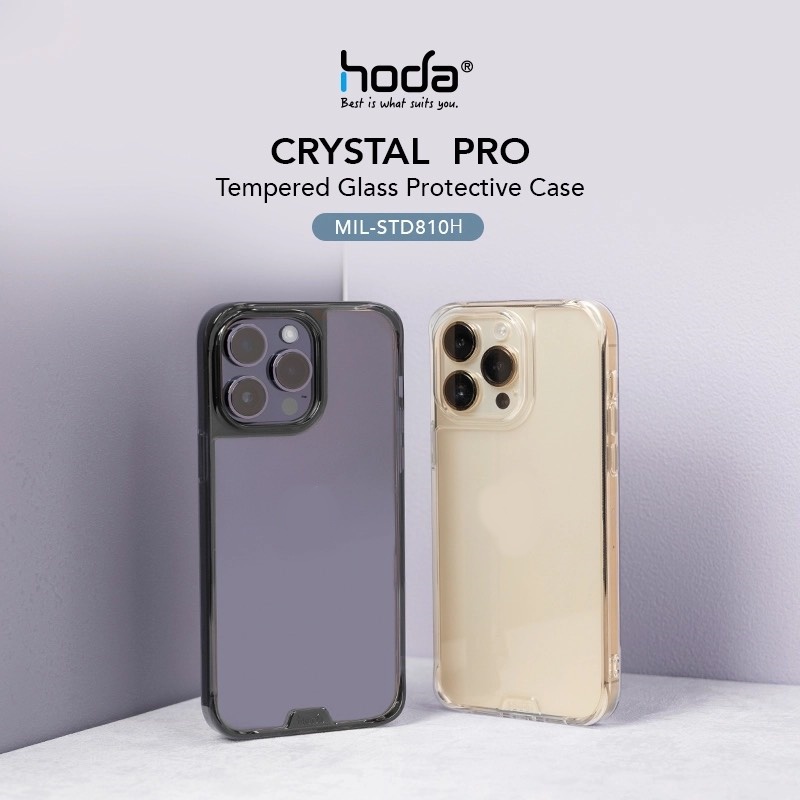 Ốp lưng Crystal Pro HODA cho IP 14 Promax / 14 Pro / 13 Promax / 13 Pro lưng kính , chống sốc đạt tiêu chuẩn quân đội