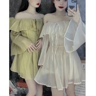 Đầm bẹt vai tay dài ống loe bo eo form xòe tiểu thư xinh xắn chất voan kiếng
