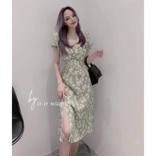 (Sale FreeShip) Đầm hoa nhí tay phồng,thiết kế nhún ngực xẻ tà cực xinh,chất đẹp diện đi đâu cũng xinh xĩu