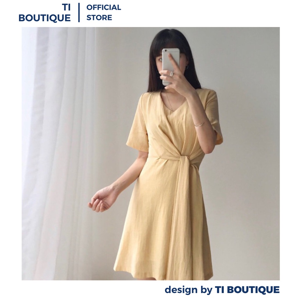 Đầm Xinh Công Sở Cổ V Tay Ngắn Năng Động Dễ Thương, Đầm Váy Đi Chơi Dáng Xòe Phối Dây Cột Nơ Eo Thanh Lịch
