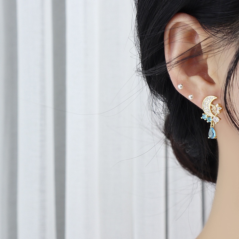 Bông Tai Bất Đối Xứng Hình Ngôi Sao Và Mặt Trăng Đính Đá Zircon Thời Trang Cho