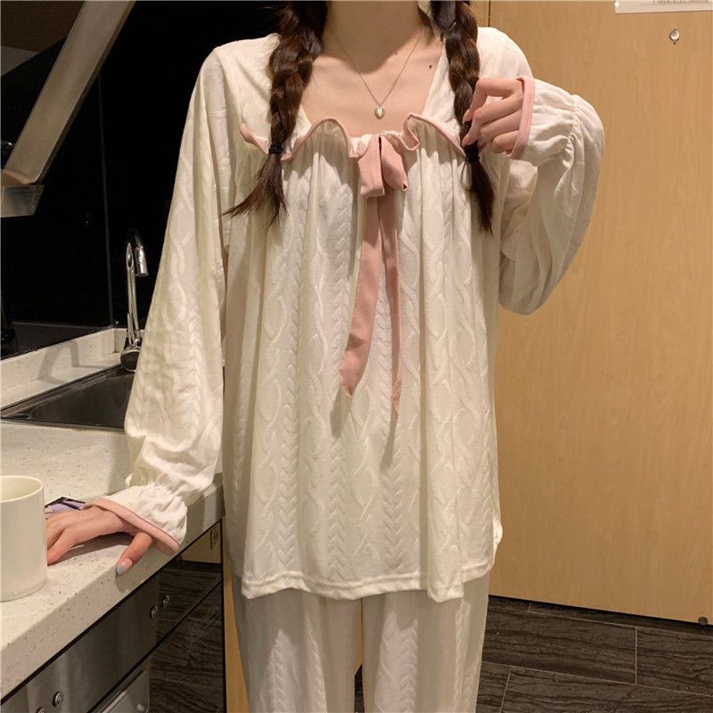 Bán Chạy#Bộ Đồ Ngủ Tay Dài Đính Nơ Phong Cách Nhật Bản Dễ Thương Thời Trang Thu Đông Cho Nữ