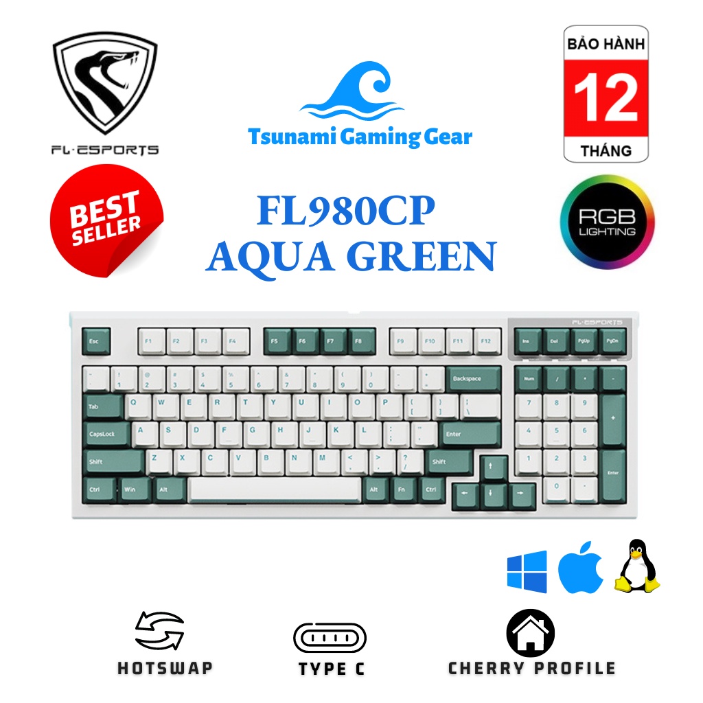 Phím cơ FL-Esports FL980CP Aqua Green USB/ Kailh Box Switch/ led RGB/ đệm tiêu âm - BH 12 tháng