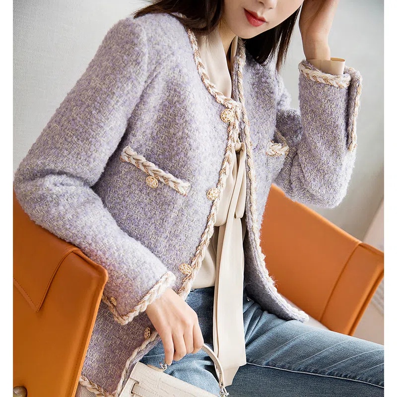 Áo khoác dạ tím tweed phong cách tiểu thư, hoàng gia dáng ngắn áo cardigan dạ dày dặn