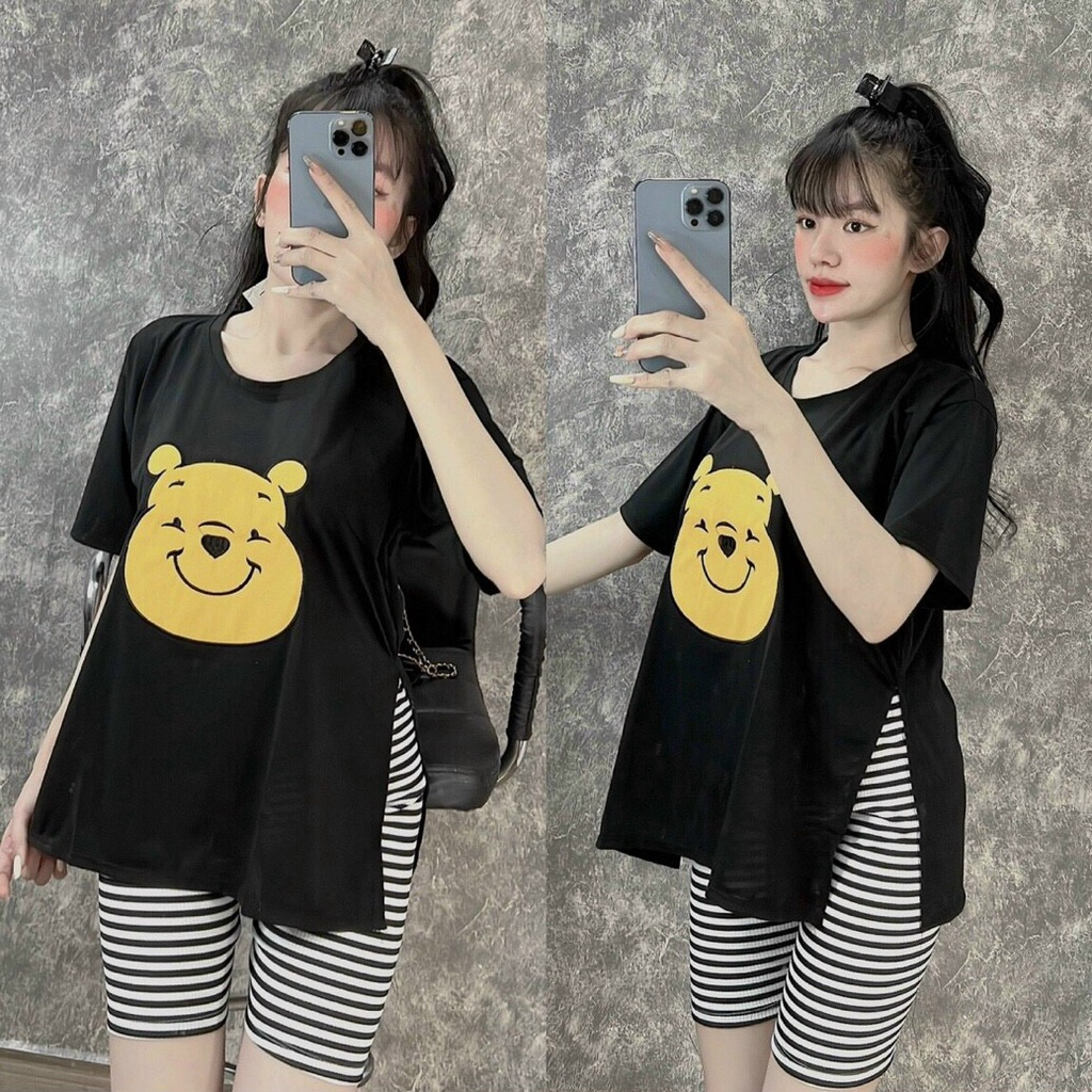 (FreeShip 2022) Sét bộ nữ thêu gấu,áo phông tay ngắn xẻ tà mix quần legging sọc,chất đẹp tone màu dễ mặc lên from siêuưn