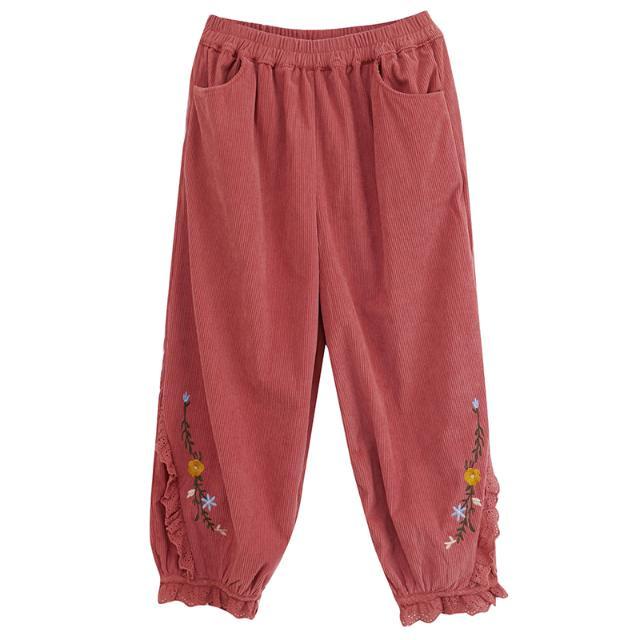 Quần Dài Đến Mắt Cá Chân Dáng Rộng Bằng Vải Nhung Phối Ren Thêu Họa Tiết Thời Trang Cho Nữ