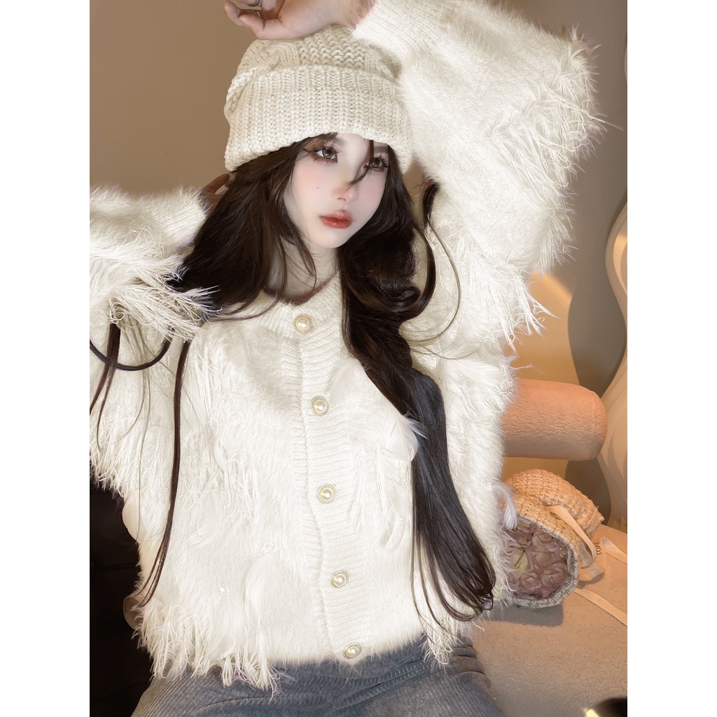 Áo Khoác Len Tay Dài Đính Ngọc Trai Và Lông Vũ Thời Trang Thu Đông Mới