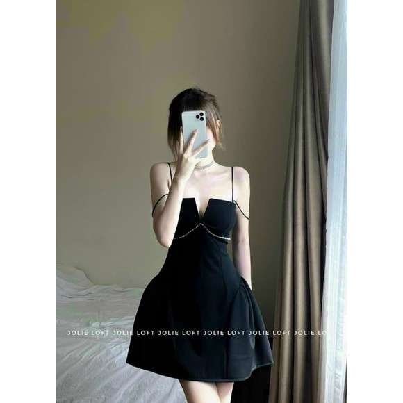 Đầm thời trang nữ mặc đi chơi chất cotton lạnh 2 dây có mút ngực đính đá váy xoè