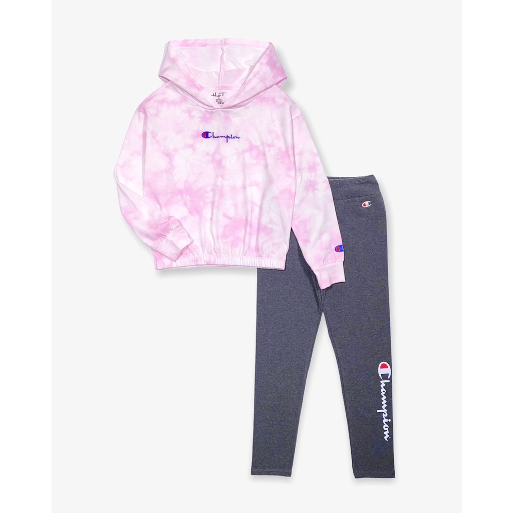 Bộ áo thun cotton có nón hoddie màu xanh và hồng loang thể thao quần legging cho bé gái tuổi teen 30-58kg