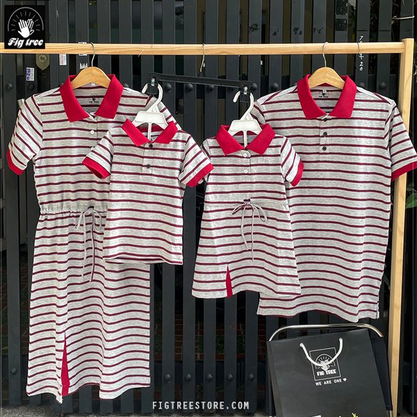 Set Áo Váy Thun Polo Gia Đình Fig Tree Mẫu Mới Sọc Đỏ Xám Dễ Thương
