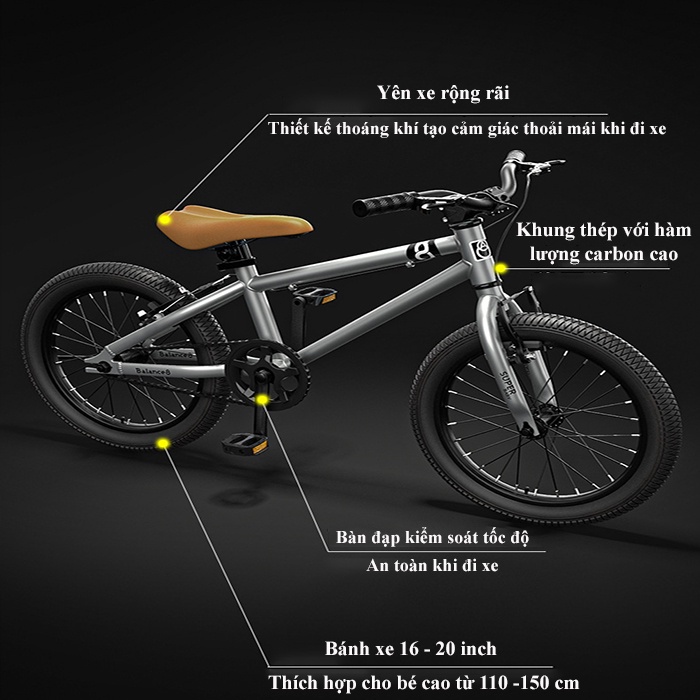 Xe Đạp Thể Thao Trẻ Em Khung Thép Carbon Siêu Nhẹ, Xe Đạp Cho Bé 16 - 20inch