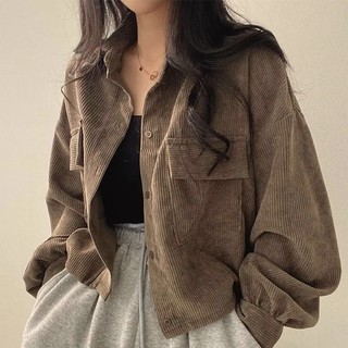 Áo sơmi nhung tăm croptop nâu Korea