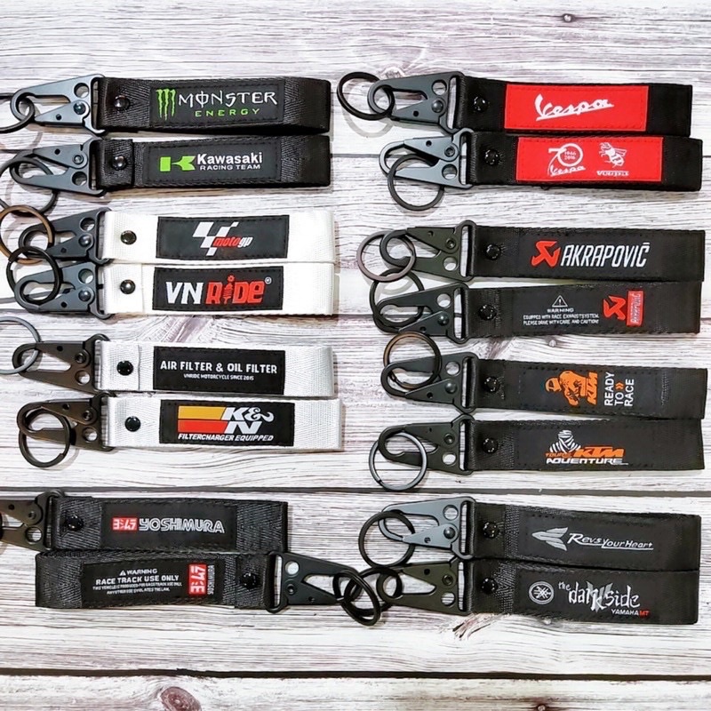 Móc khóa dây cho các hãng xe Honda Yamaha KTM Kawasaki Vespa Suzuki... móc bằng thép không gỉ, logo vải thêu