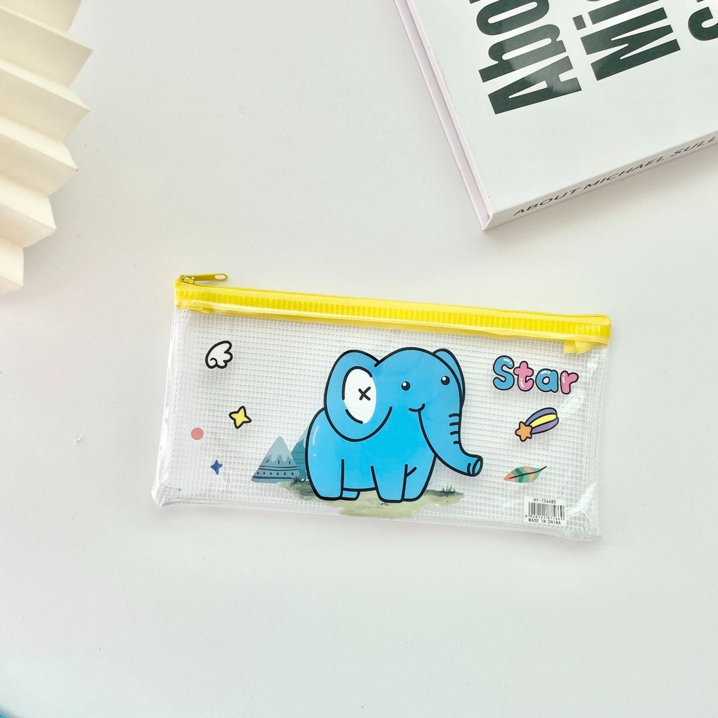 Túi lưới, hộp bút dây kéo lưu trữ tài liệu kích thước A6 họa tiết hoạt hình ngẫu nhiên