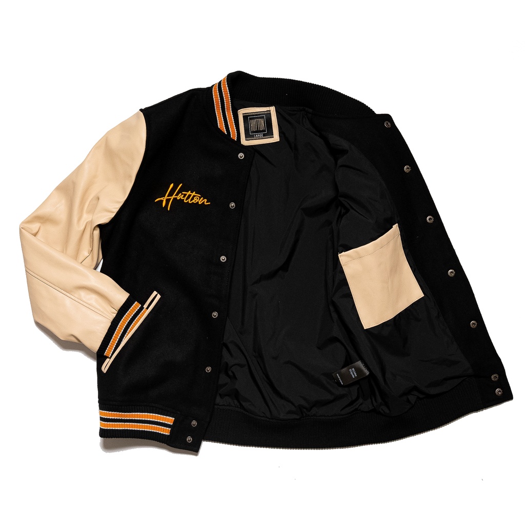 Áo Varsity Jacket Dạ Đen Phối Tay Da Bomber Thêu W HUTTON. Chất liệu da cao cấp