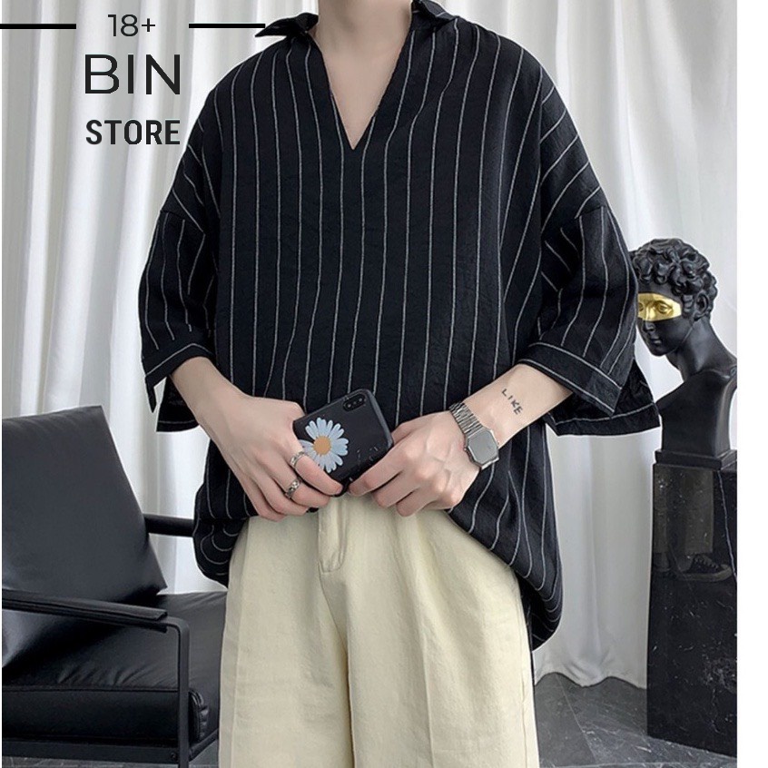 Áo Sơ Mi KaKi ,Aó Khoác Kẻ Sọc Tay Lỡ From Rộng Phong Cách Hàn Quốc