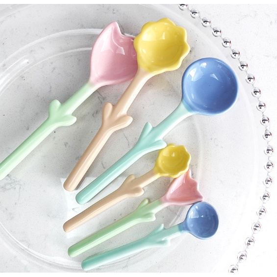 Thìa gốm hoa pastel THIA4 cute dễ thương thìa cơm muôi canh gốm sứ