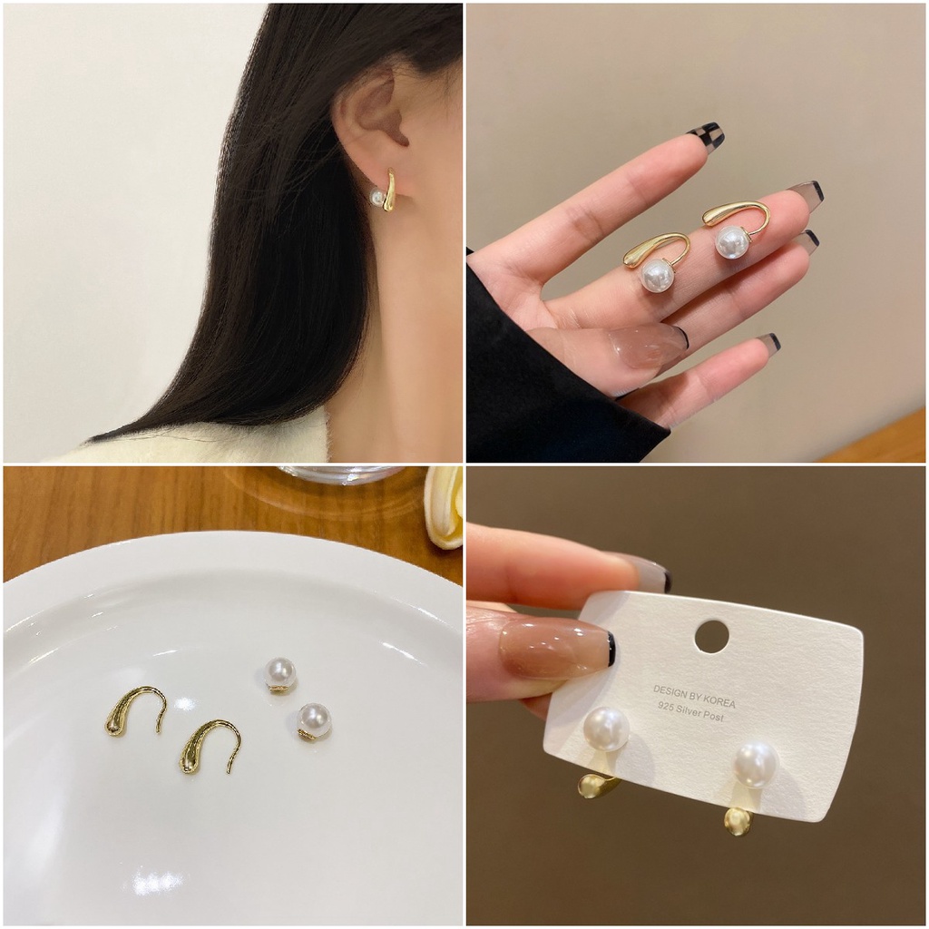 Bông Tai Mạ Bạc 925 Hình Giọt Nước Đính Ngọc Trai Đơn Giản Phong Cách Hàn Quốc