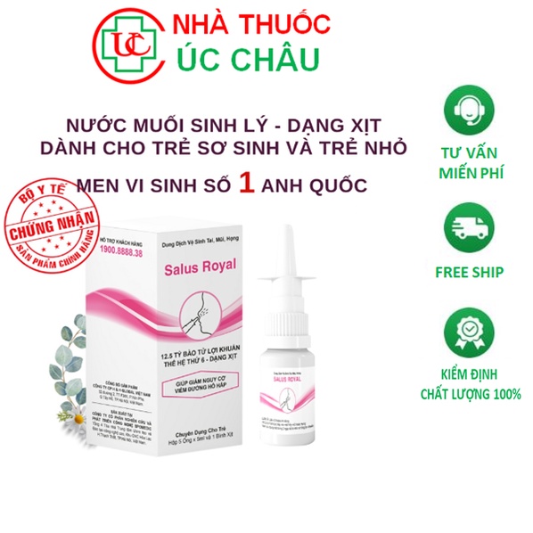 Salus Royal, Nước muối sinh lý cho trẻ sơ sinh và trẻ nhỏ, salus royal dạng xịt vệ sinh mũi, họng, Hộp (5 ống x 5ml)