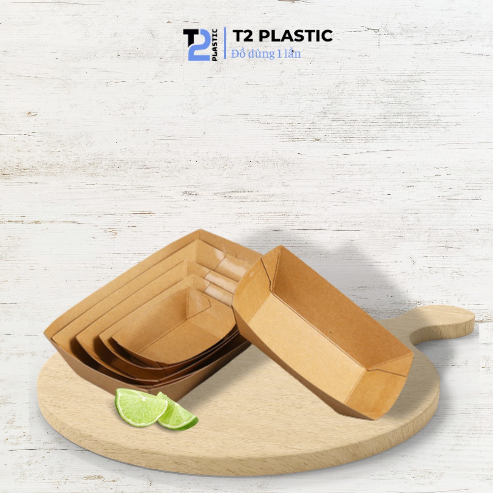 Combo 100 Khay giấy kraft dáng thuyền đa dạng size (5Size), đựng cá viên, đồ ăn nhanh,...