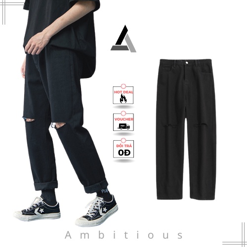 Quần Jean Baggy Nam Rách Gối Ống Suông Rộng Form Dáng Unisex Chất Jean Mềm Co Giãn Nhẹ Thoải Mái Có Tại Ambitious Store