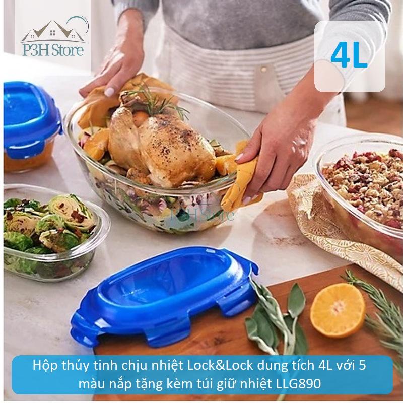 Hộp thủy tinh chịu nhiệt Lock&Lock dung tích 4L với 5 màu nắp tặng kèm túi giữ nhiệt LLG890