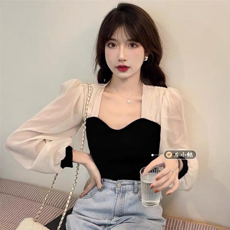 Áo Len Tăm Cổ Vuông Phối Tay Phồng, Áo Kiểu Phối Tay Voan Siêu Xinh Có Ảnh Thật Kèm Video