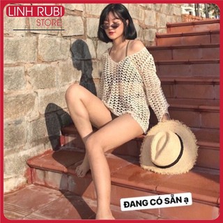 Áo lưới đi biển LINH RUBI STORE đan sợi hình tim nhỏ cổ V dáng suông rộng co giãn mỏng nhẹ  A036