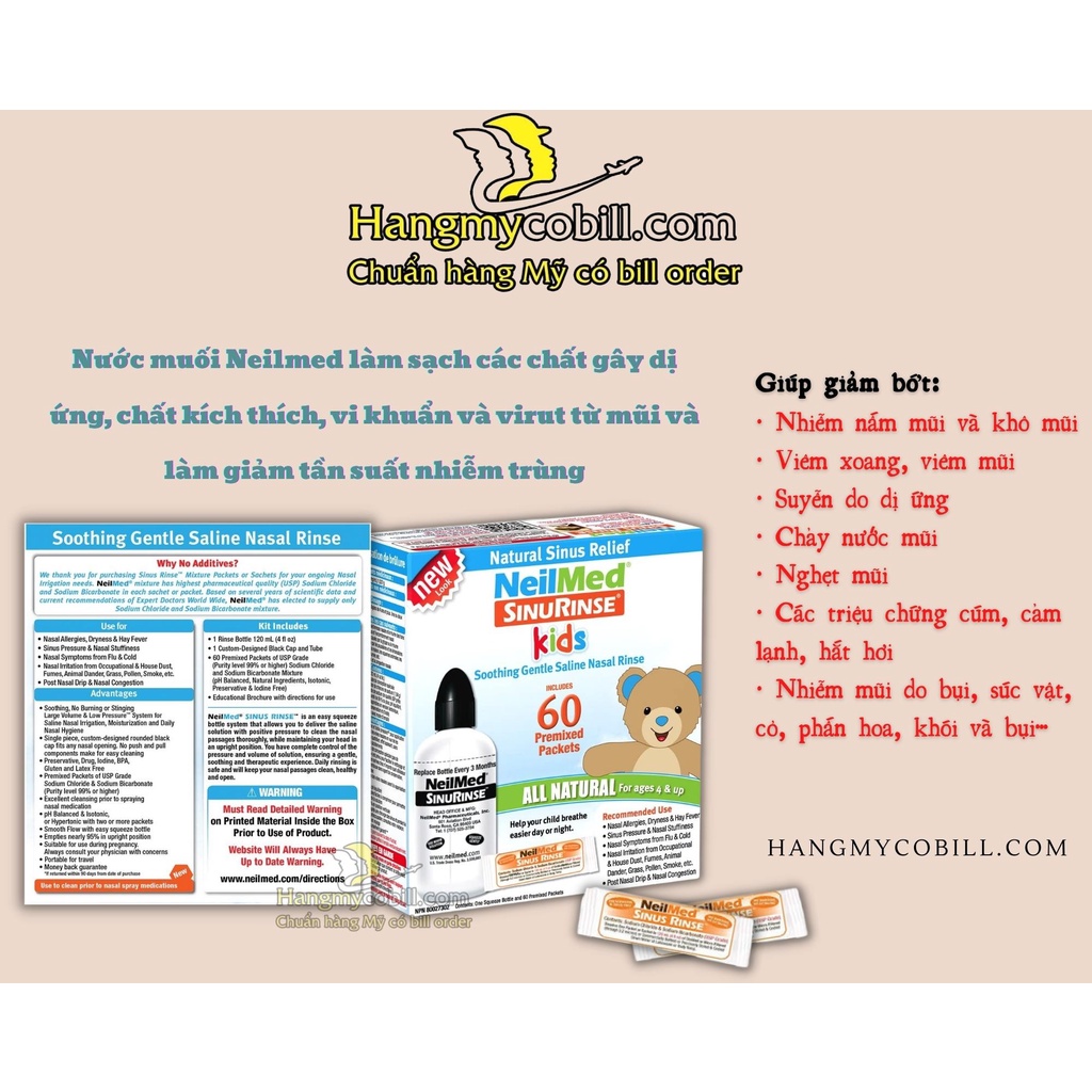 Bộ rửa mũi Neilmed trẻ em 1 bình 120ml kèm 60 gói muối.