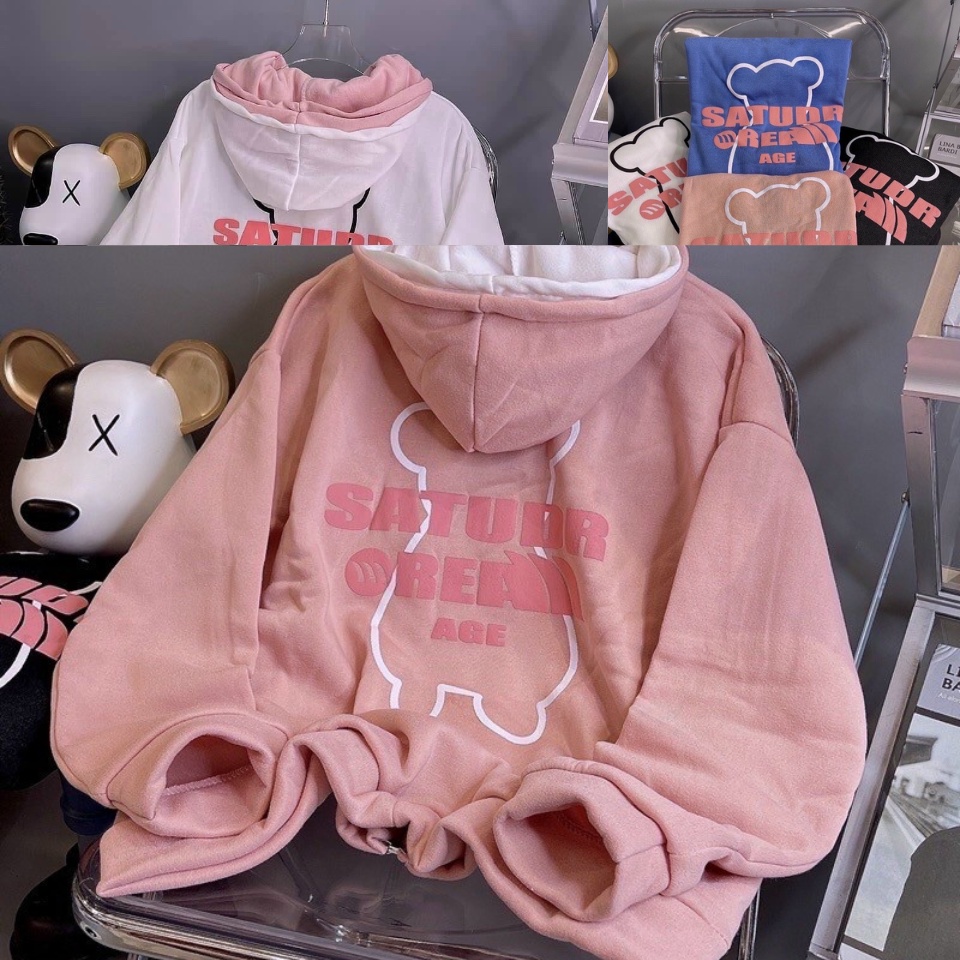 Áo khoác nỉ unisex khóa kéo form rộng 2 nón logo chú gấu áo khoát nỉ bông ấm áp bavy official