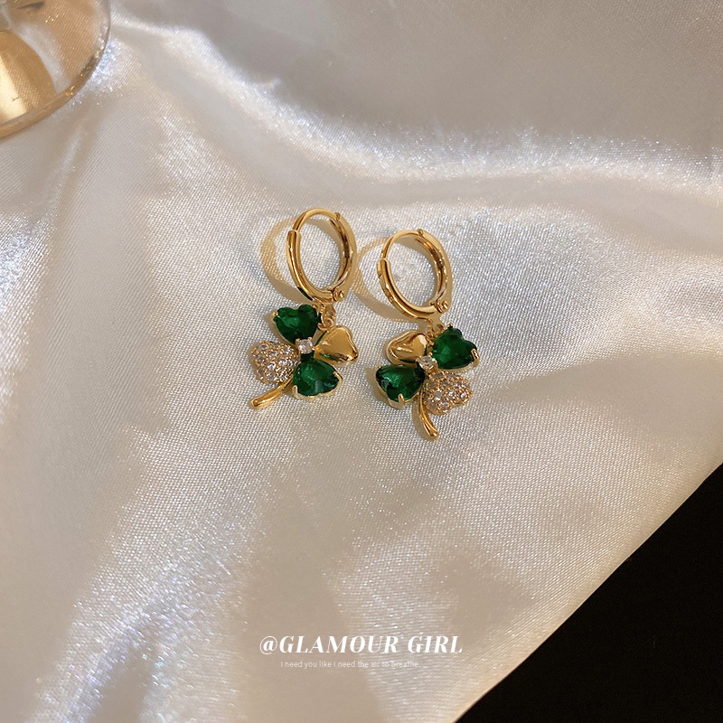 Khuyên Tai Hình Cỏ Bốn Lá Đính Đá zircon Màu Sắc Lấp Lánh Phong Cách Hàn Quốc Cho Nữ