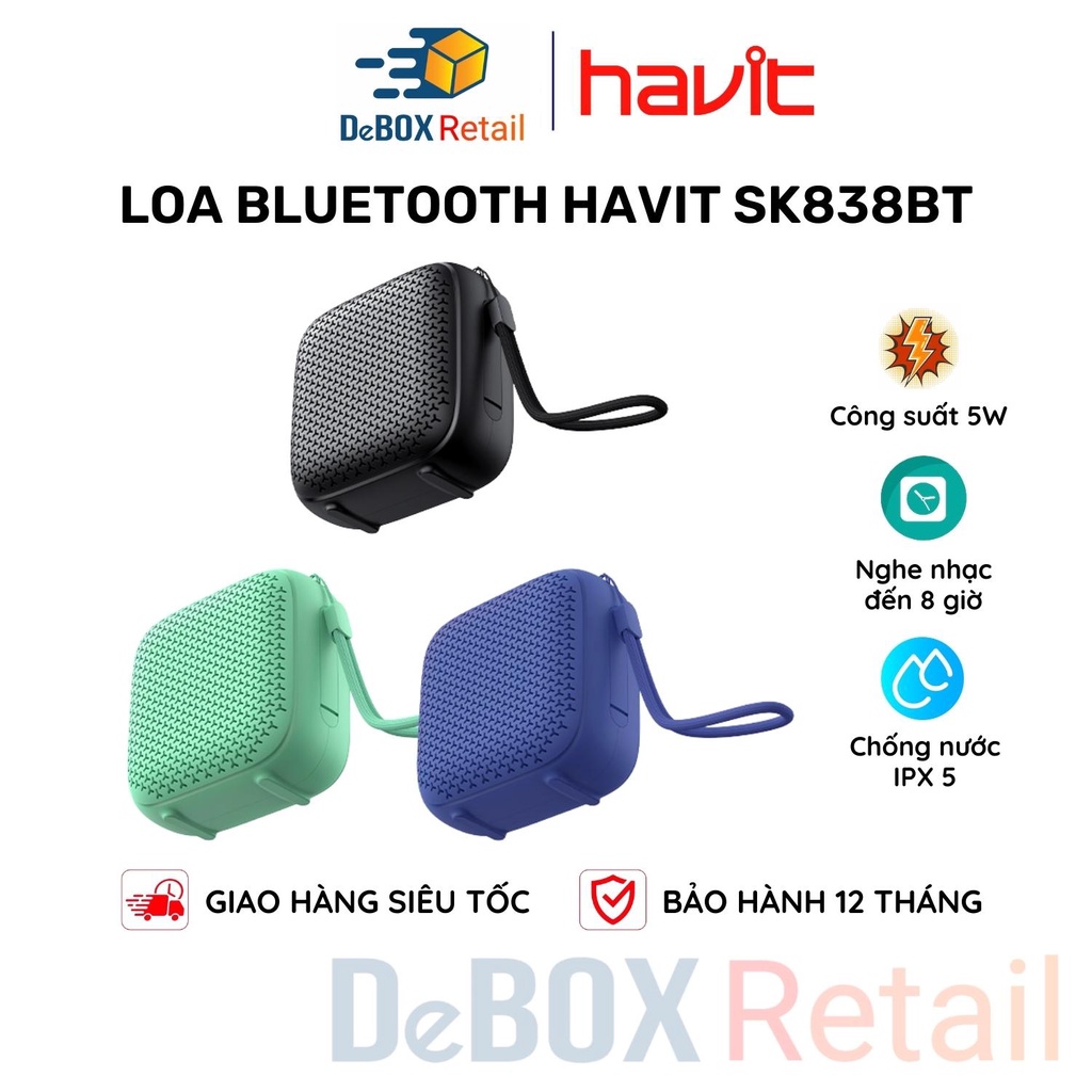 Loa Không Dây HAVIT SK838BT, Bluetooth 5.0, Kháng Nước IPX5, Công Suất 5W, Nghe Nhạc Đến 8 Giờ - Hàng Chính Hãng