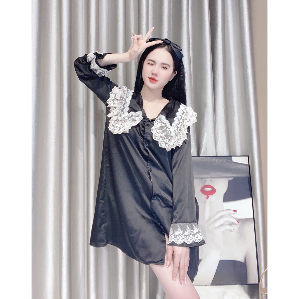 Váy ngủ lụa dễ thương mặc nhà dài tay Nguyễn Tình Store đầm ngủ tiểu thư cổ bèo phối ren mềm mại xinh xắn Freesize | BigBuy360 - bigbuy360.vn