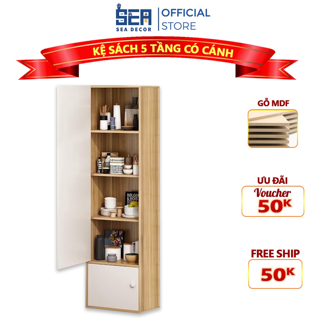 [Mã BMLT35 giảm đến 35K đơn 99K] Kệ Sách 5 Tầng Có Cánh Tủ Gỗ MDF Sắp Xếp Đồ Đạc Gọn Gàng Tiện Lợi Sea Decor