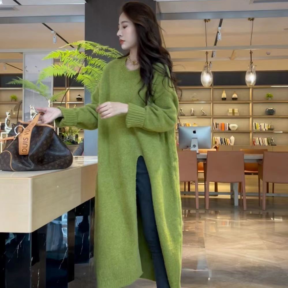 Đầm Len Nữ Dài Tay Cổ Tròn Xẻ Tà Thời Trang Hàn