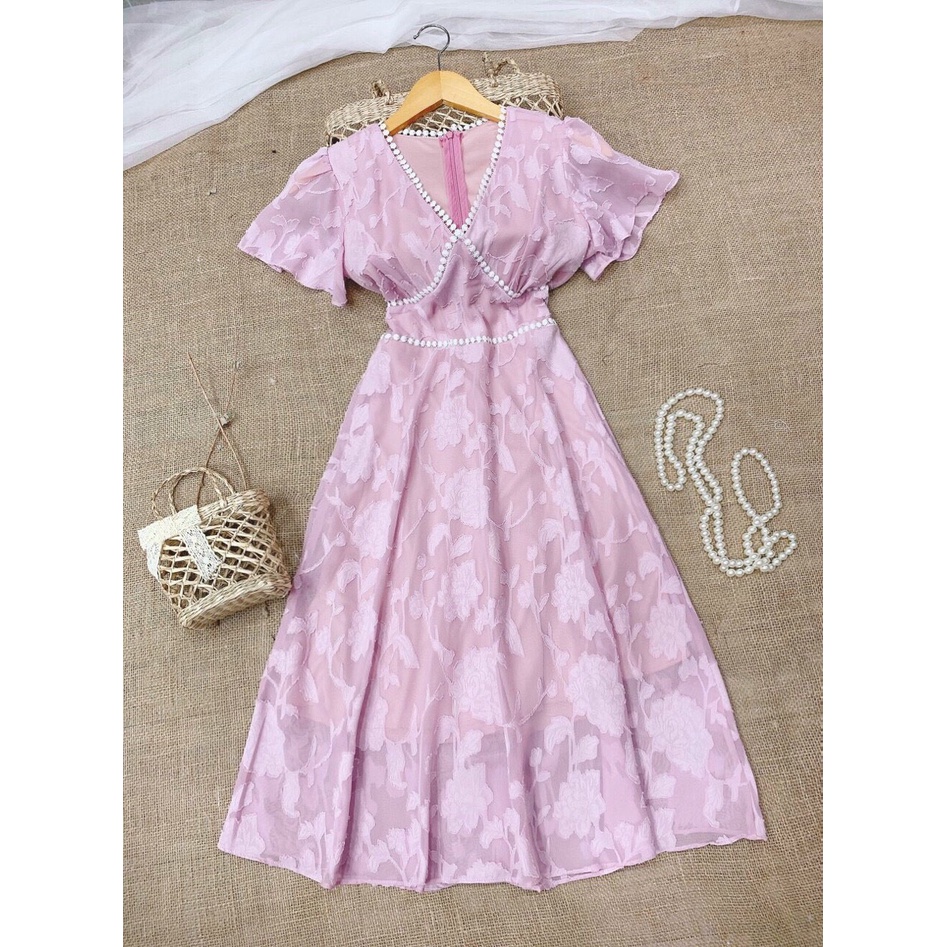 ĐẦM HOA MAXI CỔ TIM PHỐI CỔ REN-Hình shop chụp thật