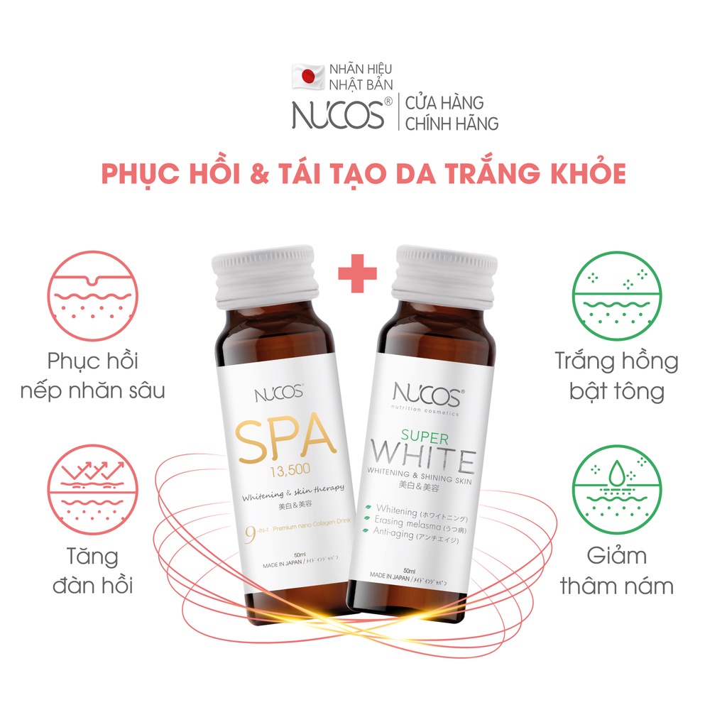 Combo liệu trình nước uống collagen đẹp da giảm thâm nám Nucos Spa 13500 và Nucos Super White 3 hộp x 10 chai x 50ml