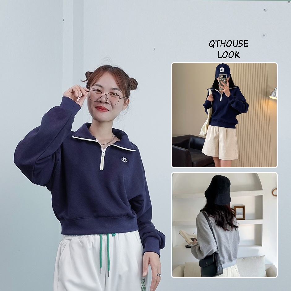 Áo hoodie croptop half zip Qthouse, áo khoác sweater zip nỉ bông HDN03